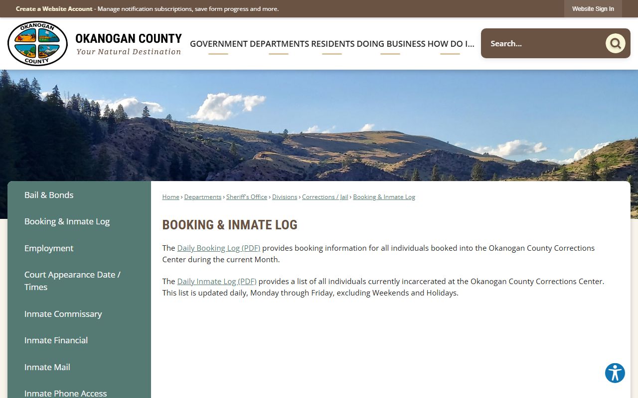 Okanogan County inmate population booking and inmate log page